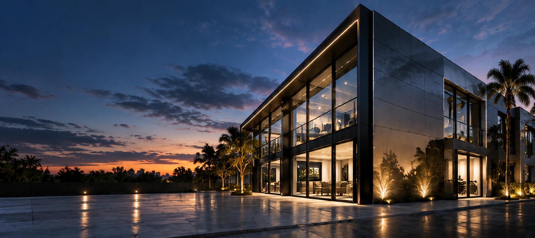 Residencia con muros de vidrio al atardecer